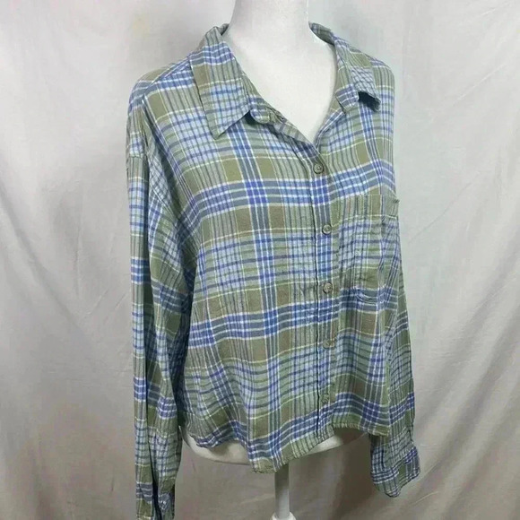 American Eagle Khaki, Blue & Cream Long Sleeve Boxy, Cropped Medium Top Shirt. - Picture 1 of 11